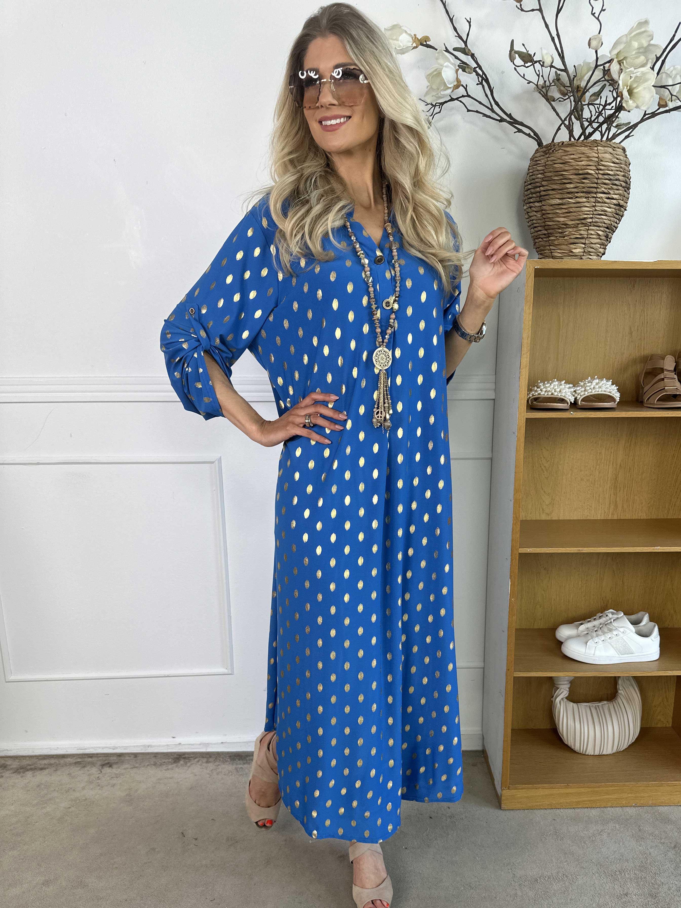 Ebba Gold Dress - Lång klänning med resår och guldprickar